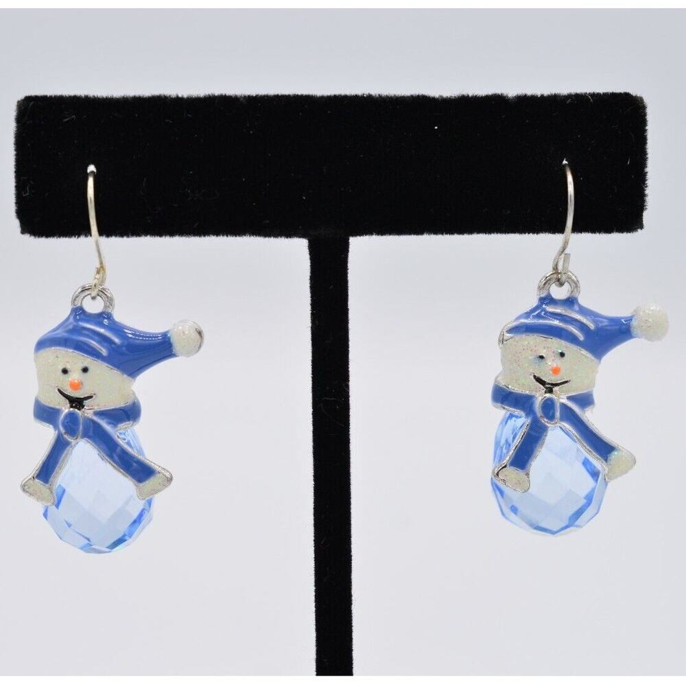 Vintage Holiday Earrings Sparkling Blue Crystal Snowman Christmas Dangle BinAB